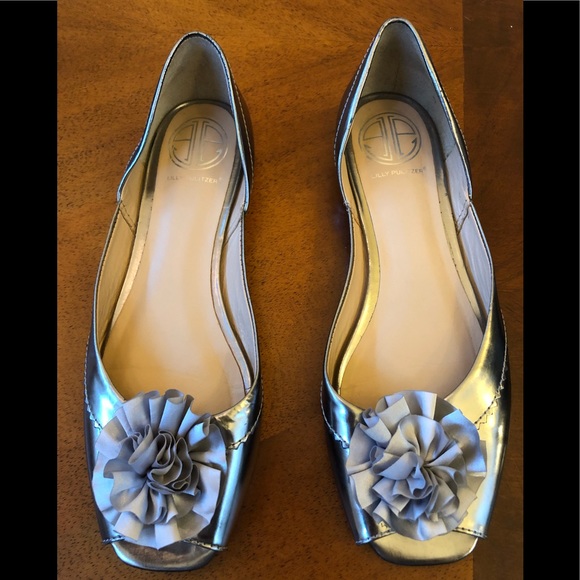 silver peep toe flats
